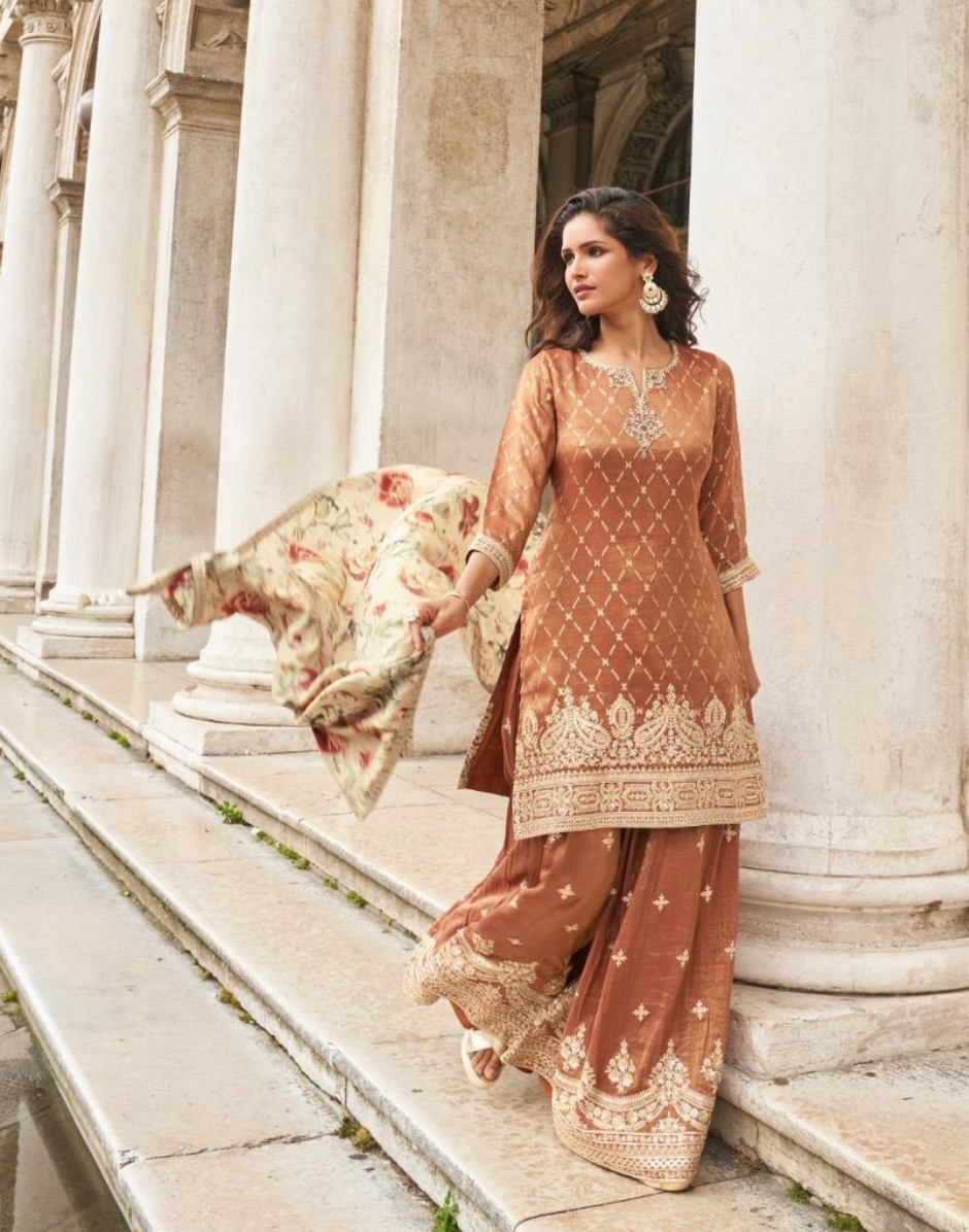 Rich Brown Silk Sharara Set Front & Back Embroidered Top with Digital Embroidered Dupatta - Buy_1