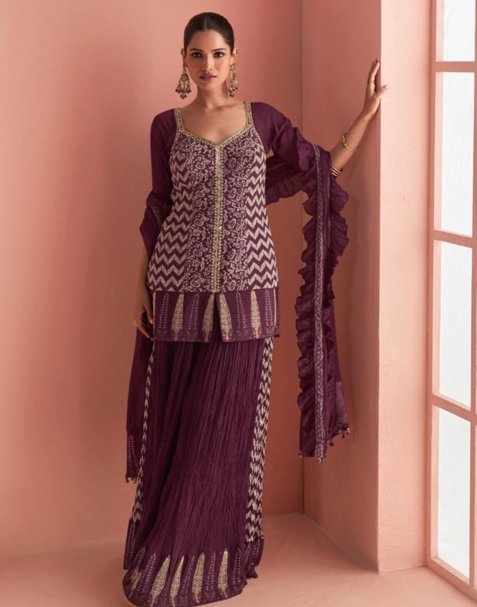 Rich Burgundy Embroidered Chinon Silk Palazzo Set with Mirror Work Short Kurti & Dupatta