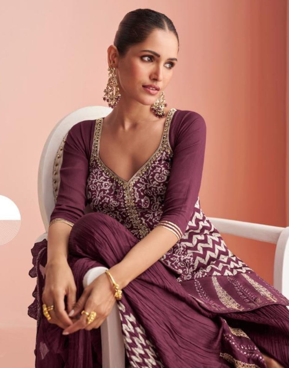 Rich Burgundy Embroidered Chinon Silk Palazzo Set with Mirror Work Short Kurti & Dupatta_1