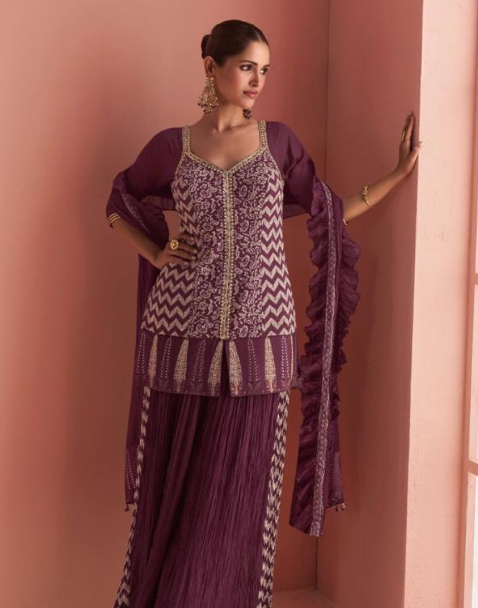 Rich Burgundy Embroidered Chinon Silk Palazzo Set with Mirror Work Short Kurti & Dupatta_2