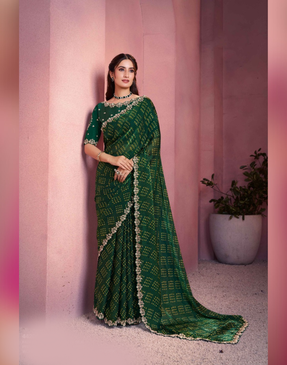 Rich Green Bandhani Print Saree in Two-Tone Satin Silk Handcrafted Stone Embroidery - Buy