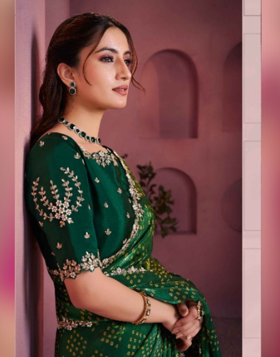 Rich Green Bandhani Print Saree in Two-Tone Satin Silk Handcrafted Stone Embroidery - Buy_1