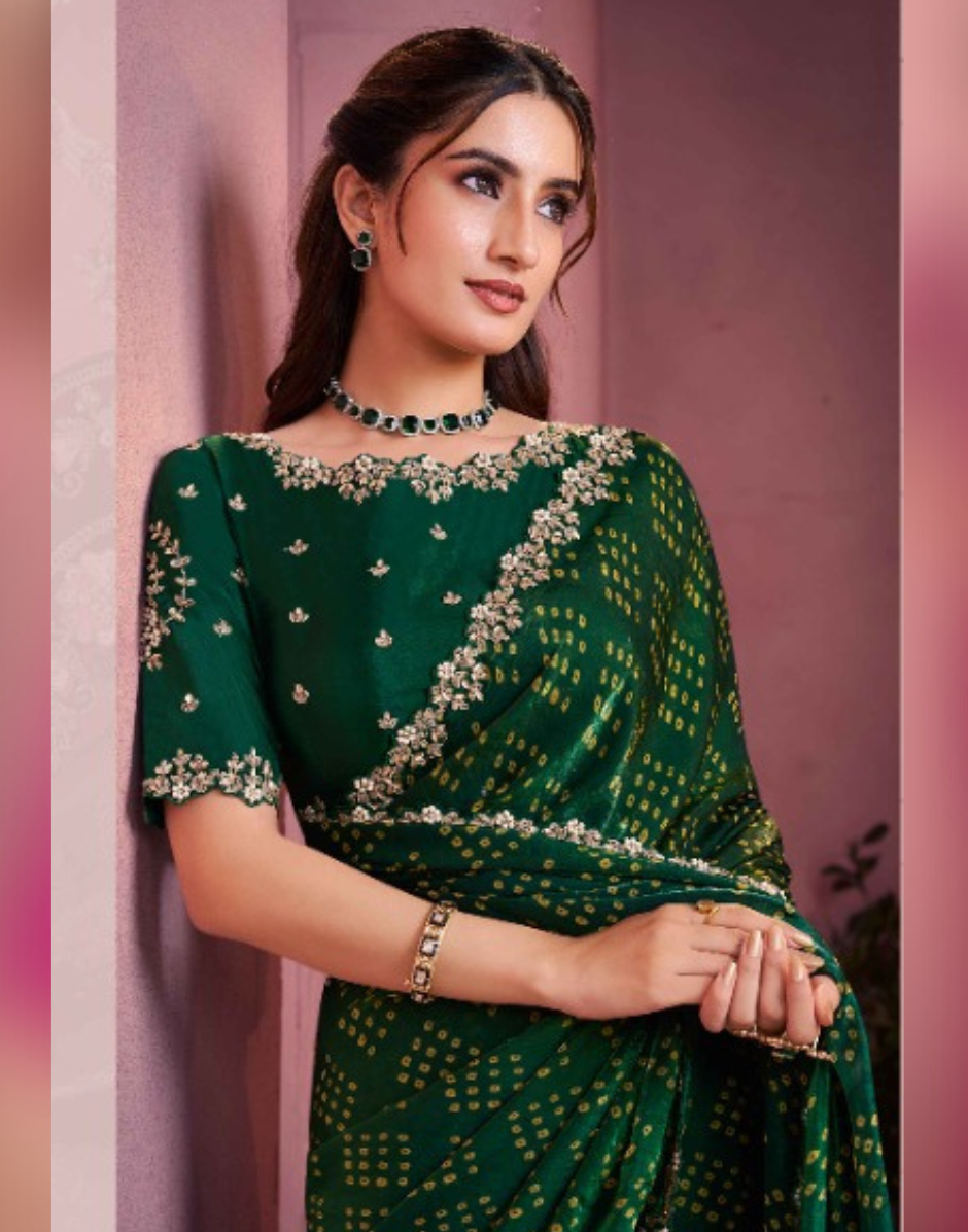 Rich Green Bandhani Print Saree in Two-Tone Satin Silk Handcrafted Stone Embroidery - Buy_2