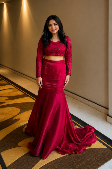 Ruby Red Mermaid Lehenga Set with Open Back Blouse