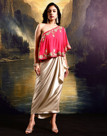 Romantic Ensemble Pink Hand-Embroidered Double Georgette Cape with Satin Draped Skirt and Bandeau Top