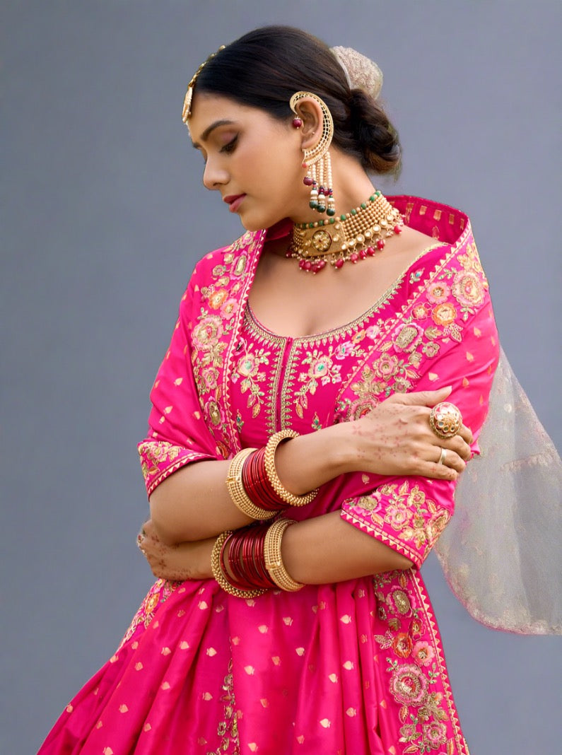 Rose Enchantment Banarasi Silk Lehenga- Rent