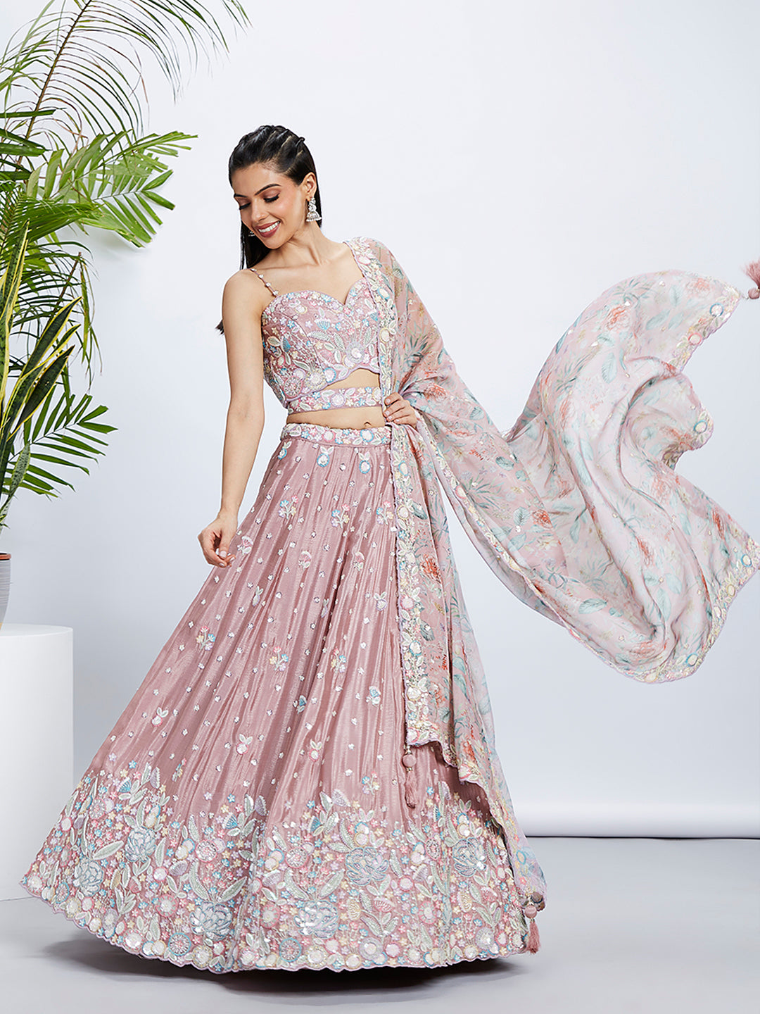 Rose Gold Chiffon Sequins And Thread Embroidery Lehenga Choli & Dupatta - Rent