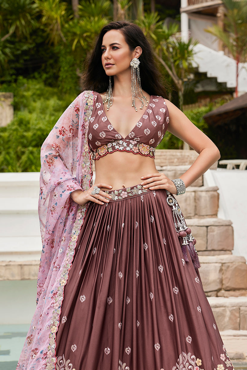 Rose Gold Chinon Sequins Embroidery Lehenga Choli & Dupatta - Rent