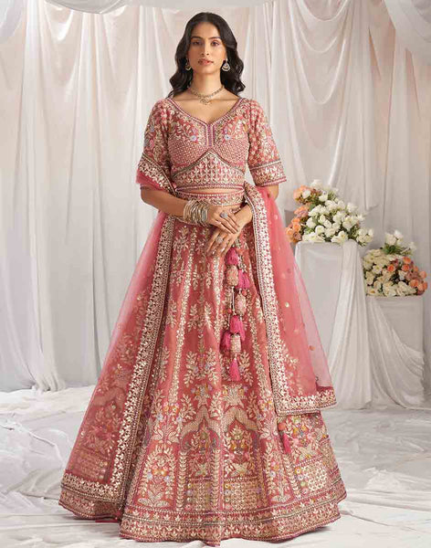 Rose Gold Gotapatti & Moti Embroidery Lehenga Choli & Dupatta Xs / 5 Days / Pink