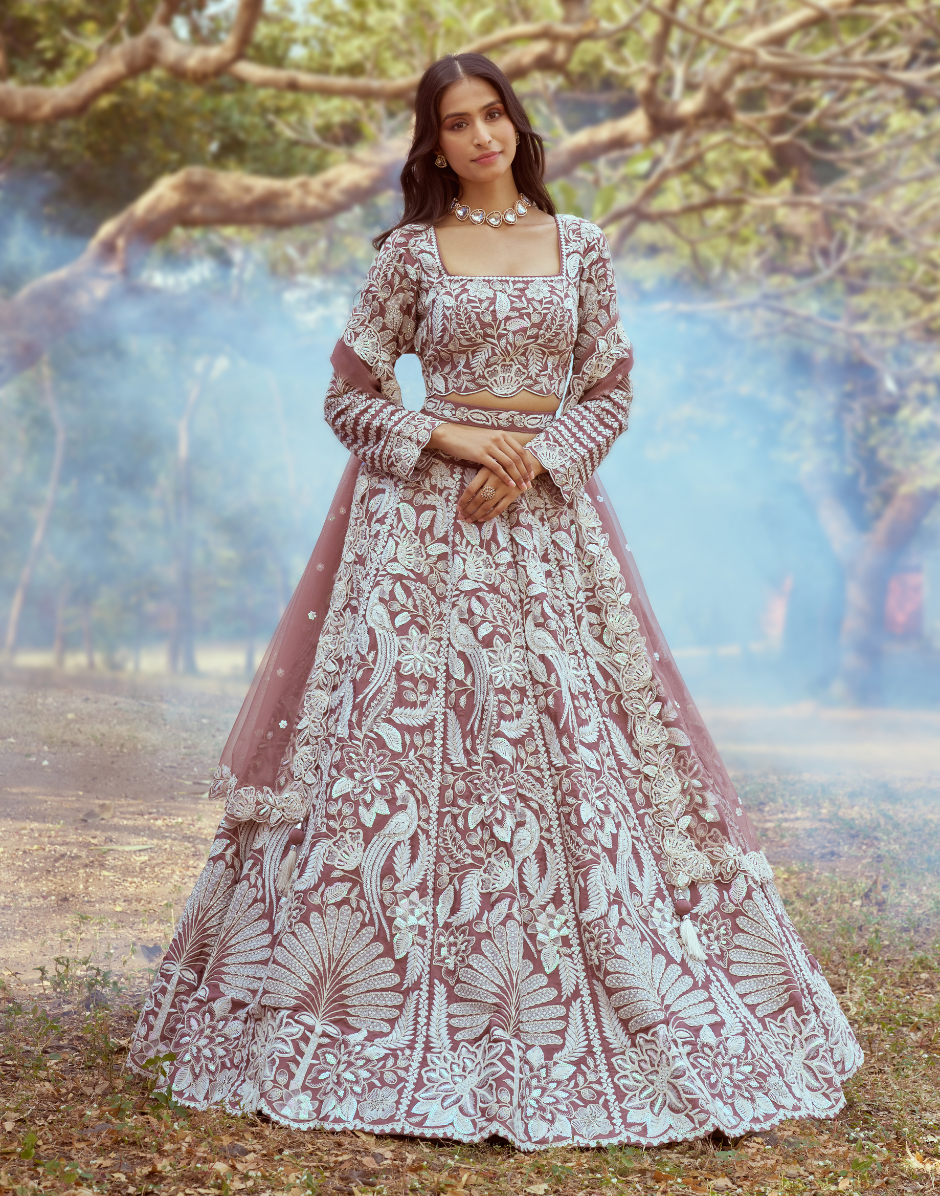 Rose Gold Pure Satin Lehenga Choli with Sequins Embroidery & Dupatta Luxe Bridal & Party Wear