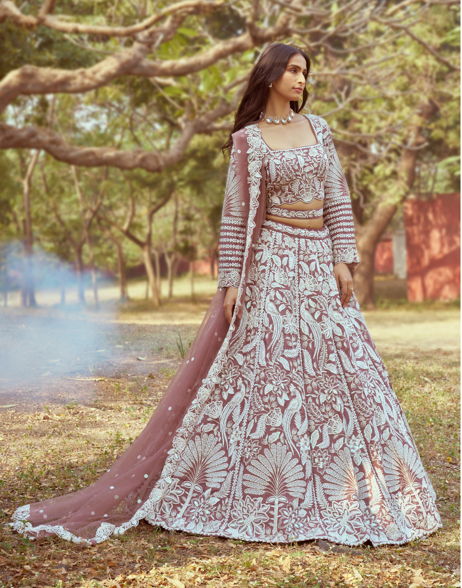 Rose Gold Pure Satin Lehenga Choli with Sequins Embroidery & Dupatta Luxe Bridal & Party Wear