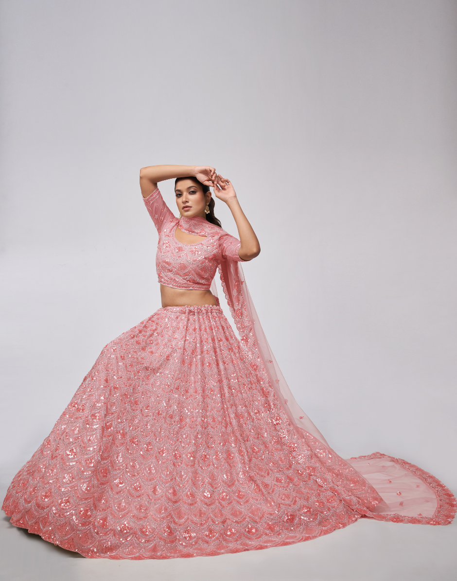 Rose Pink Diamond Pattern Embroidered Lehengas