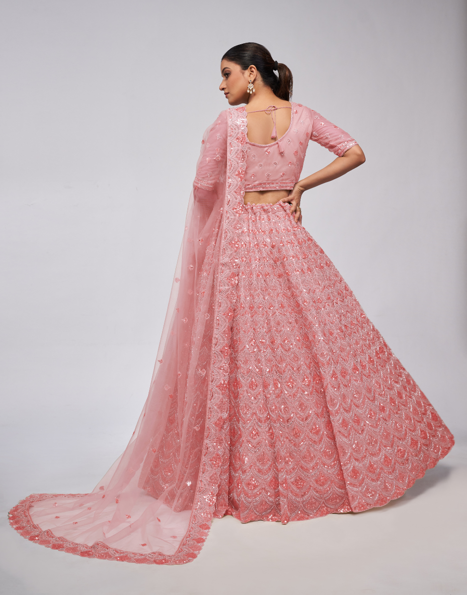 Rose Pink Diamond Pattern Embroidered Lehengas