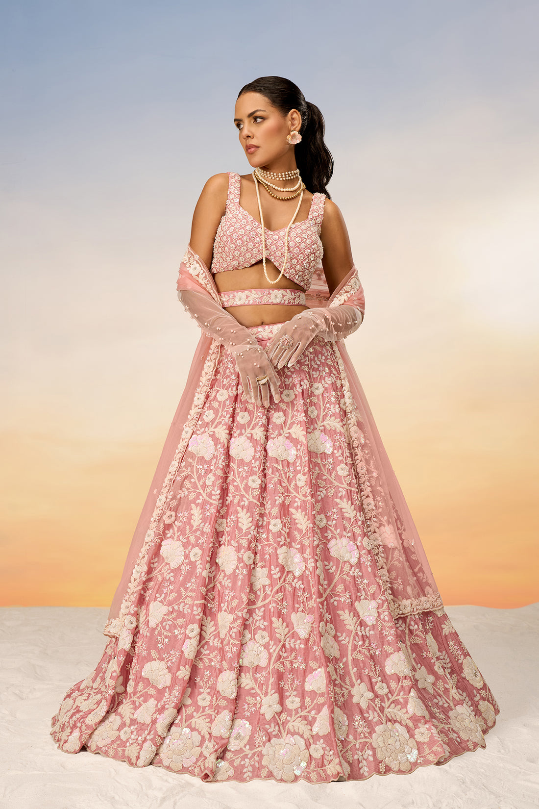 Rosegold Georgette Sequins And Thread Work Lehenga Choli and Dupatta