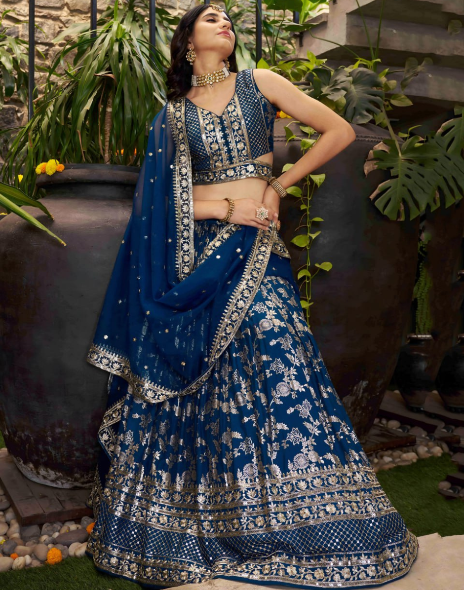 Royal Blue Dola Silk Jacquard Lehenga Blouse Dupatta Set with Sequins & Zari Embroidery
