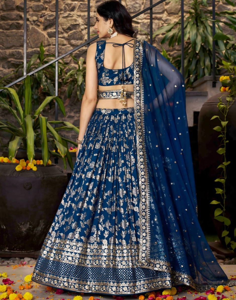 Royal Blue Dola Silk Jacquard Lehenga Blouse Dupatta Set with Sequins & Zari Embroidery