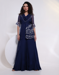 Royal Blue Elegant Two-Piece Set with Draped Cowl Neck Jumpsuit & Flared Silhouette