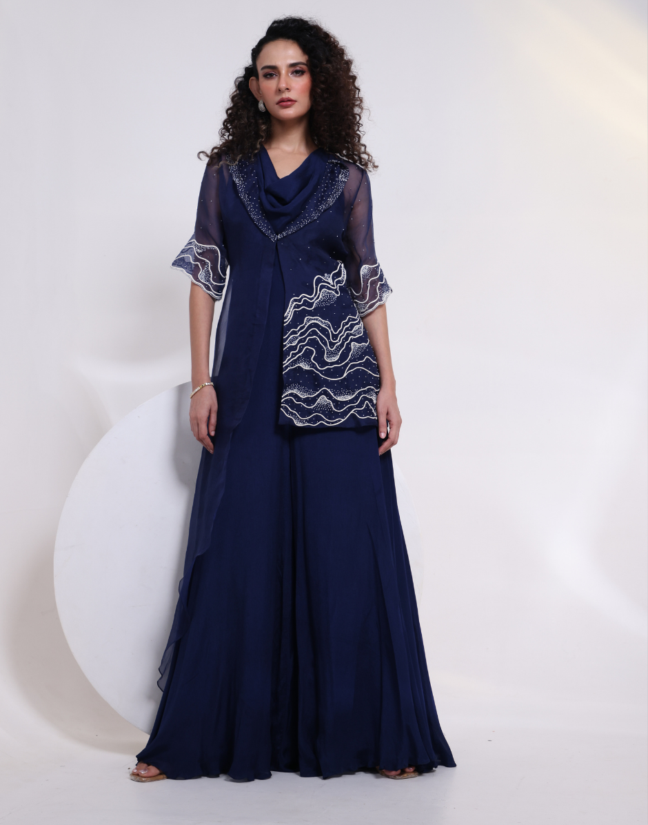 Royal Blue Elegant Two-Piece Set with Draped Cowl Neck Jumpsuit & Flared Silhouette