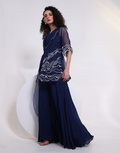Royal Blue Elegant Two-Piece Set with Draped Cowl Neck Jumpsuit & Flared Silhouette_1