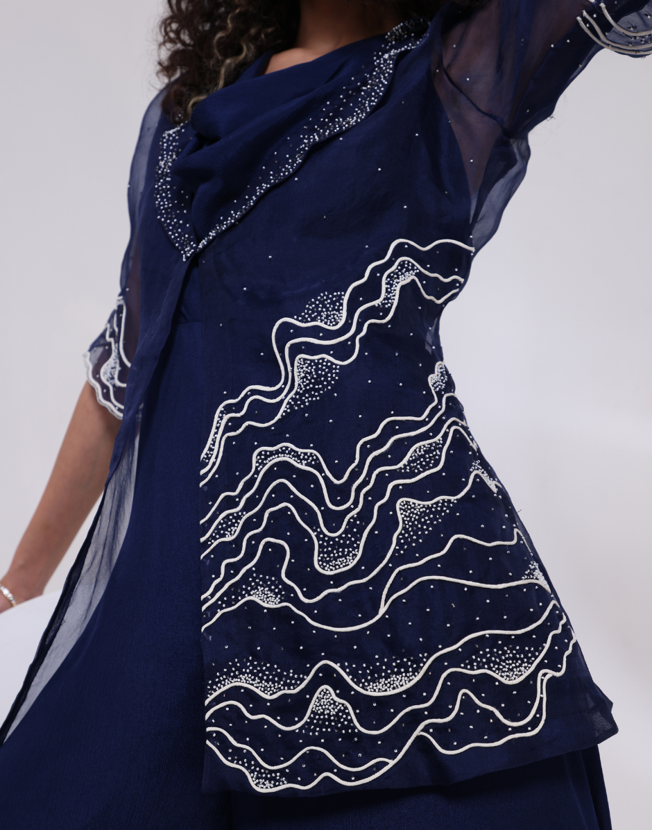 Royal Blue Elegant Two-Piece Set with Draped Cowl Neck Jumpsuit & Flared Silhouette_3