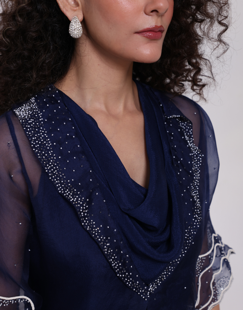 Royal Blue Elegant Two-Piece Set with Draped Cowl Neck Jumpsuit & Flared Silhouette_4