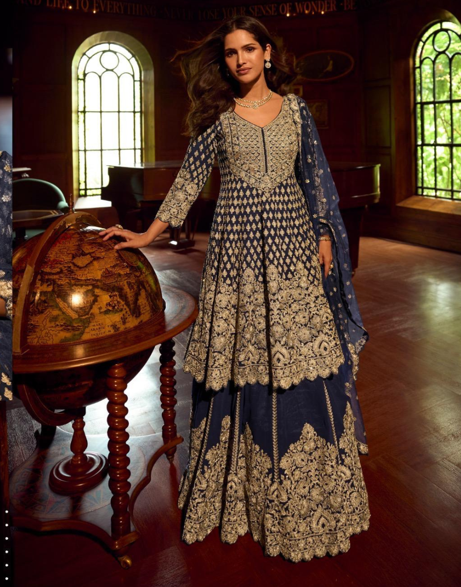 Royal Blue Premium Real Georgette Top Skirt Dupatta Set with Heavy Embroidery & Mirror Work - Buy