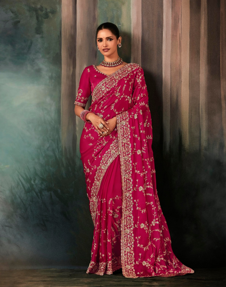 Royal Charm Dark Pink Saree Luxurious Aari & Handcrafted Embroidery for Special Occasions