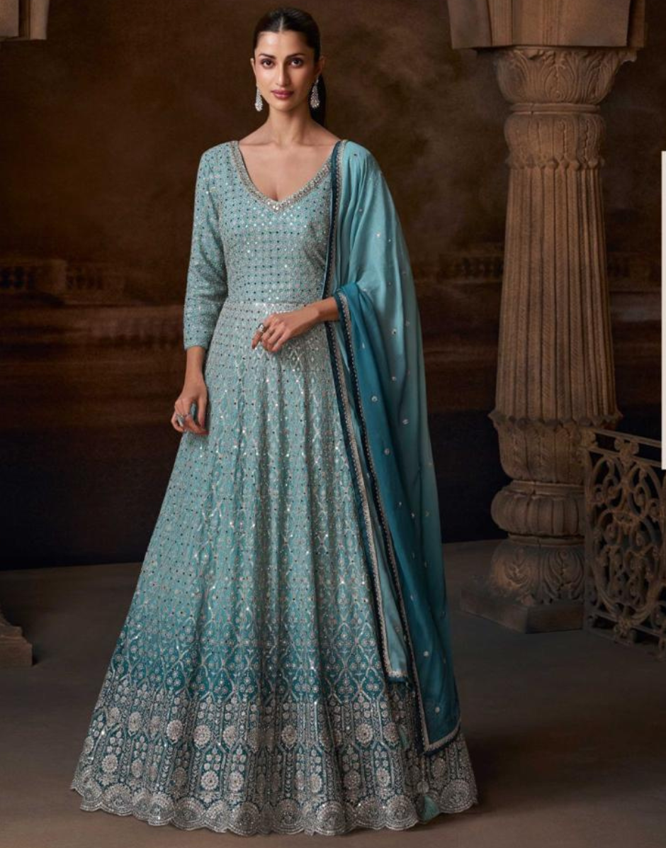 Royal Elegance Blue Chinon Silk & Real Georgette Heavy Embroidered Dress with Dupatta Blue / XXL / 7 Days Royal Elegance Blue Chinon Silk & Real Georgette Heavy Embroidered Dress with Dupatta Blue / XXL / 7 Days