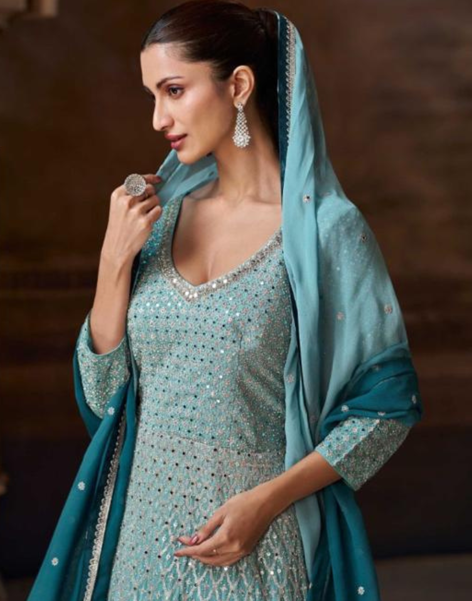 heavy embroidered dresses Royal Elegance Blue Chinon Silk & Real Georgette Dress with Dupatta Blue / S / 15 Days Size:40L Knit Organza Dress Festive Wear Style Long Sleeve Formal Dress