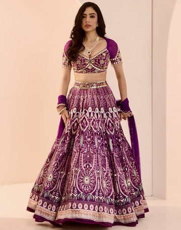 Royal Elegance Purple Hand-Embroidered Net Blouse with Velvet Lehenga and Dupatta