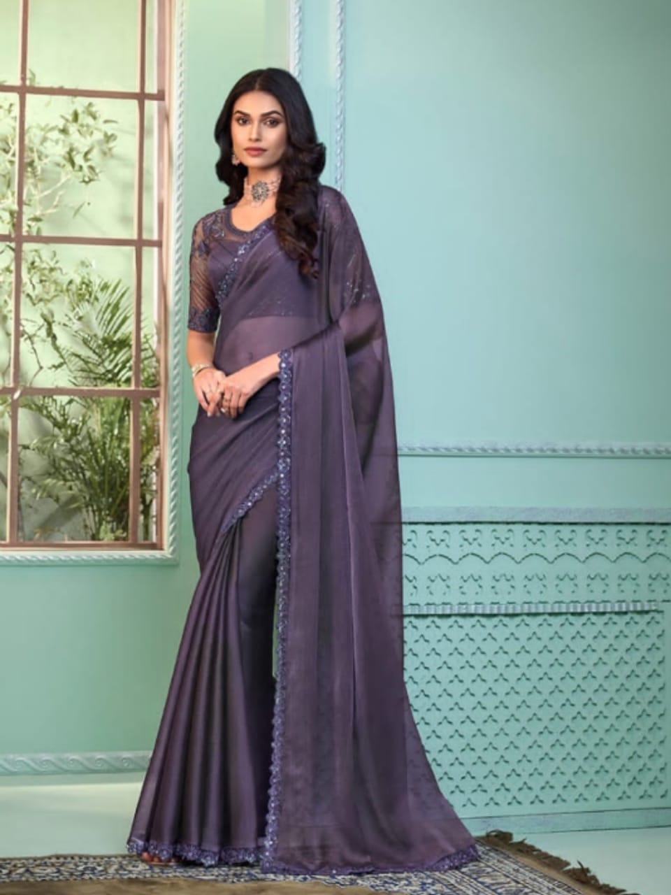 Royal Enchantment Purple Crystal Georgette Saree - Rent