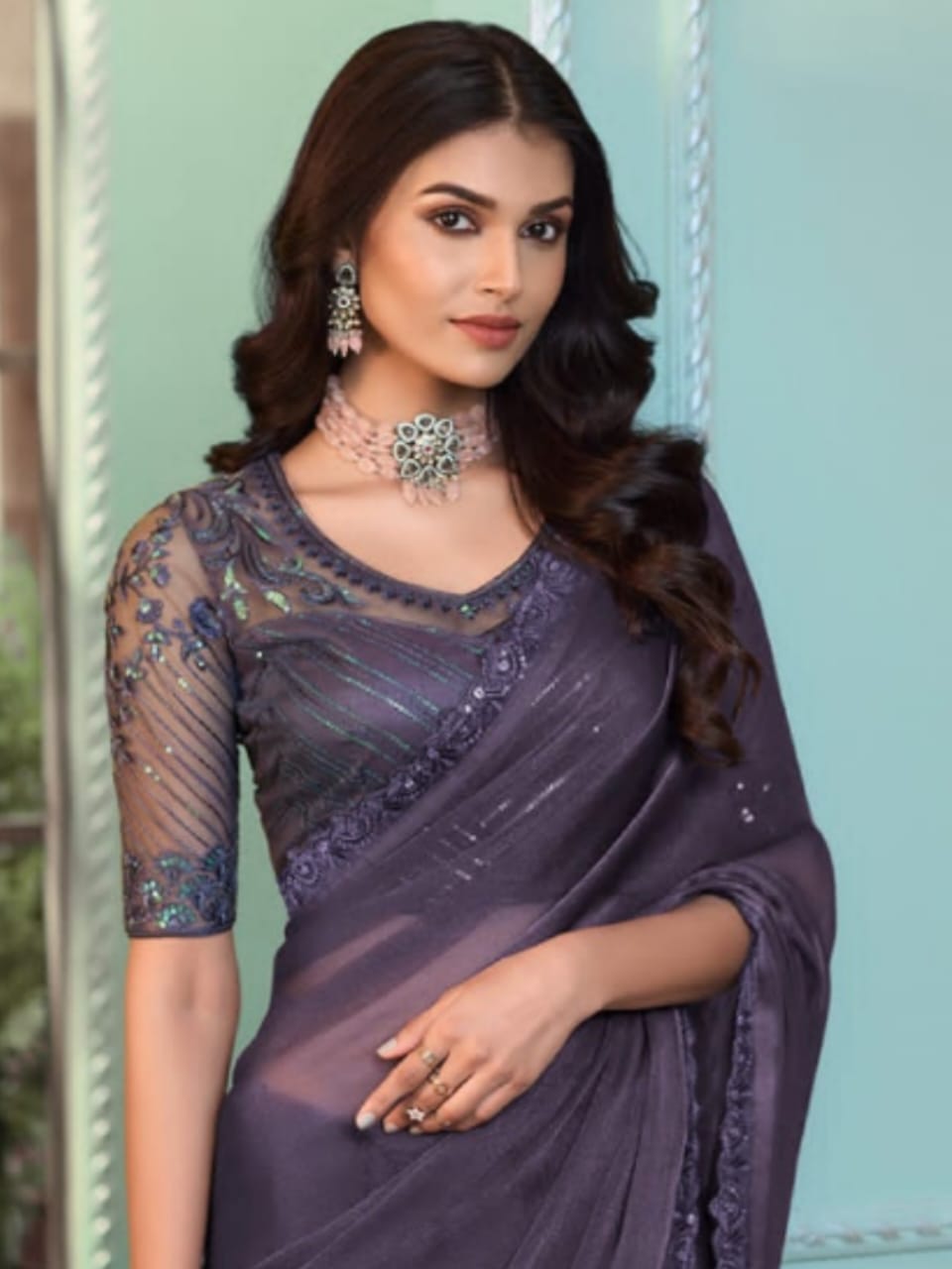 Royal Enchantment Purple Crystal Georgette Saree - Rent