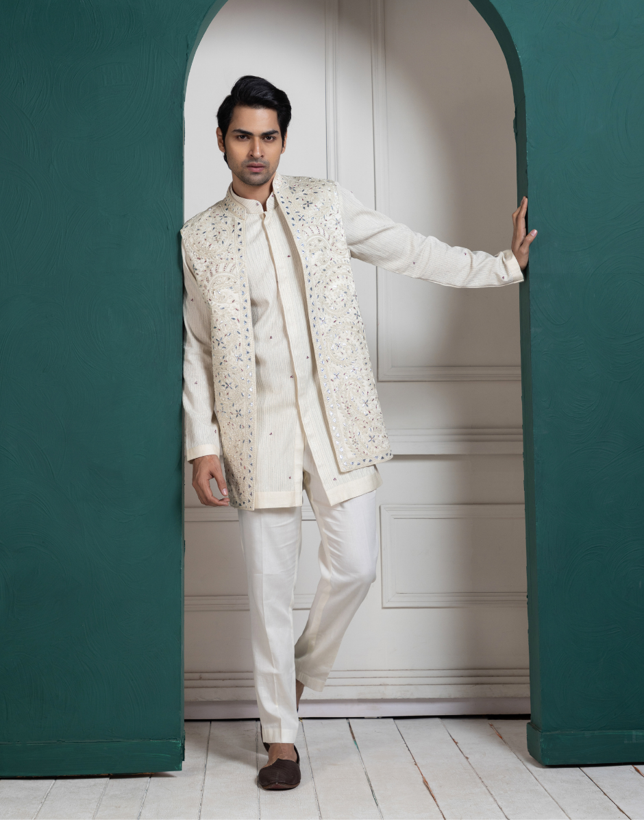 Royal Fusion Regal Ivory Layered Kurta Jacket Ensemble