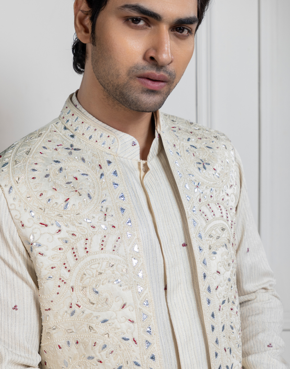 Royal Fusion Regal Ivory Layered Kurta Jacket Ensemble