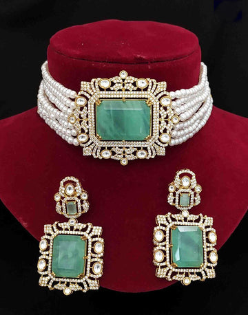 Royal Green Stone and Pearl Choker Necklace Set Statement Jewelry for Brides & Celebrations