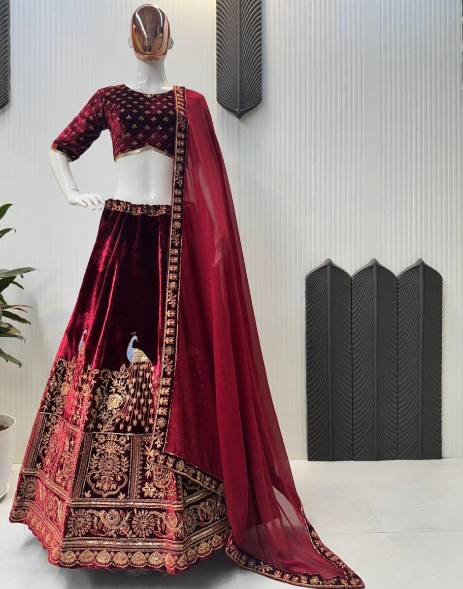 Royal Maroon Velvet Cording & Sequence Embroidered Lehenga Choli Set with Dupatta