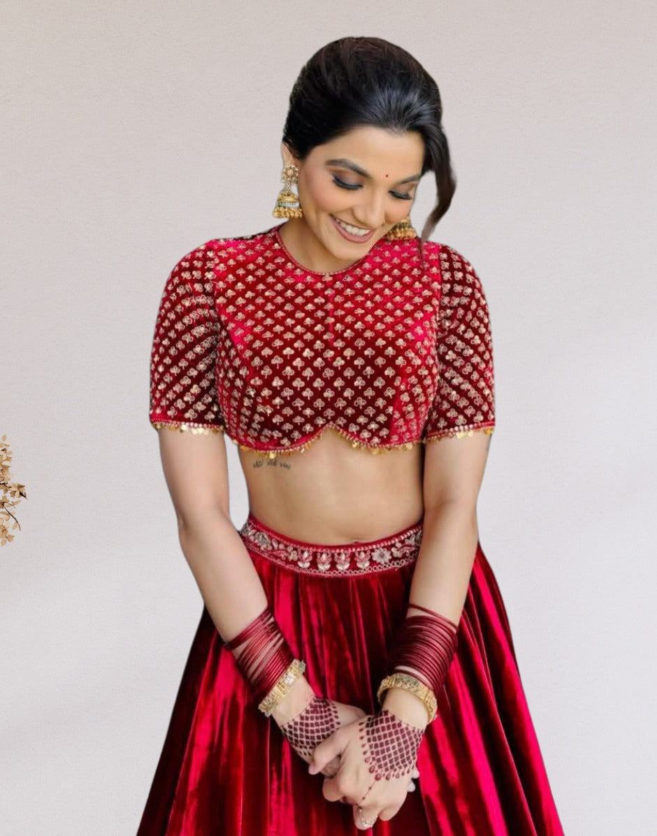 Royal Maroon Velvet Cording & Sequence Embroidered Lehenga Choli Set with Dupatta