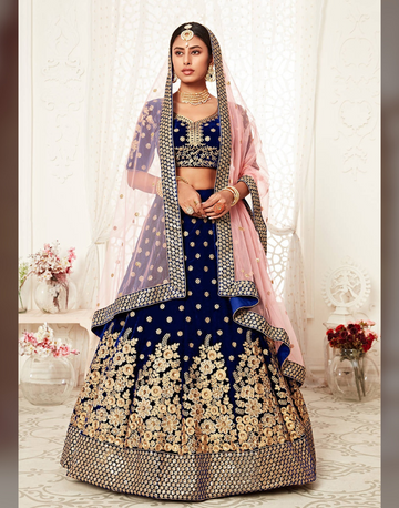 Royal Navy Blue Velvet Lehenga Set Intricate Zari & Thread Embroidery with Diamond Accents