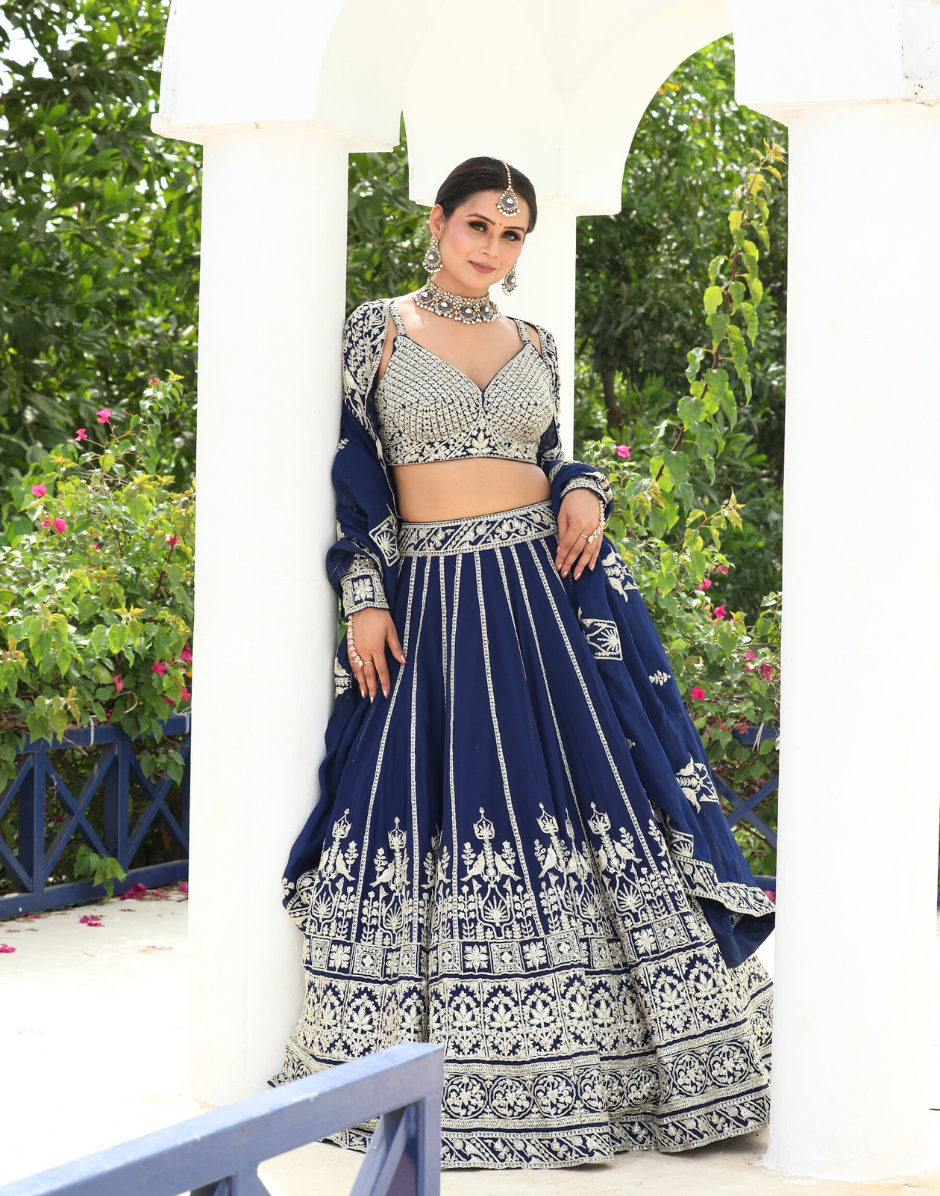 Royal Navy Embellished Embroidered Lehenga Set with Blouse & Dupatta