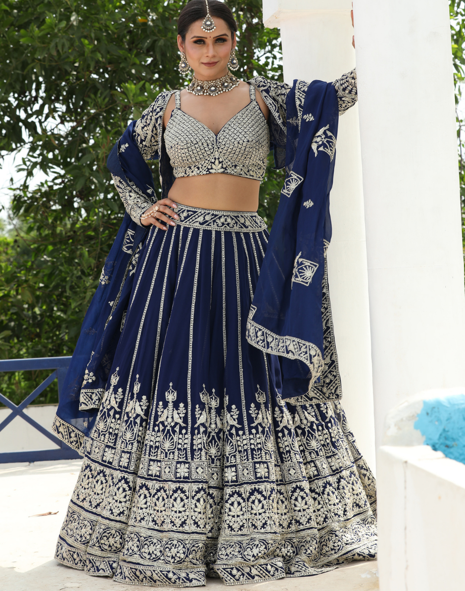 Royal Navy Embellished Embroidered Lehenga Set with Blouse & Dupatta_1