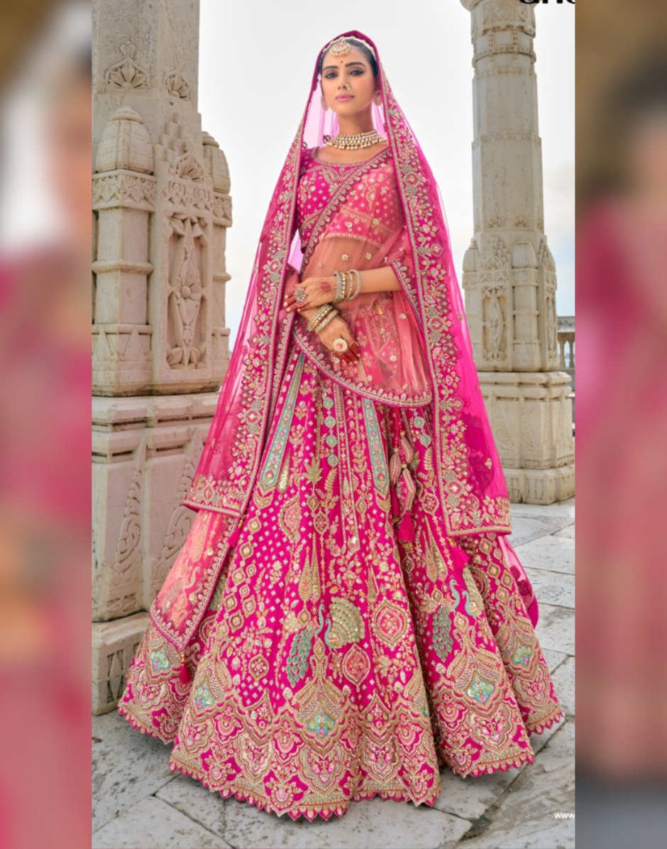 Royal Pink Heavy Silk Lehenga Set with Traditional Khatli Hand Embroidery - Buy