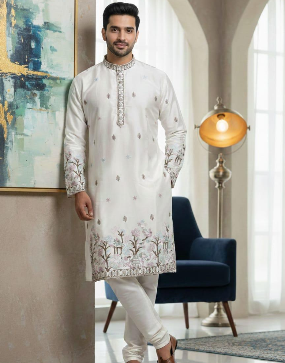 Royal Pure Silk Kurta with Elephant & Bird Motif Thread & Sequin Work Festive Set - Buy_2