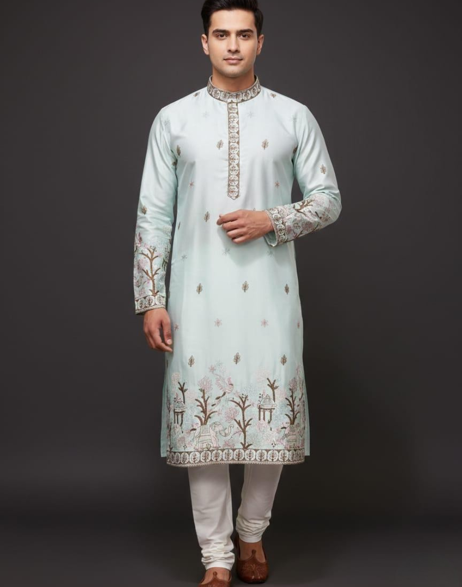 Royal Pure Silk Kurta with Elephant & Bird Motif Thread & Sequin Work Festive Set - Buy_2