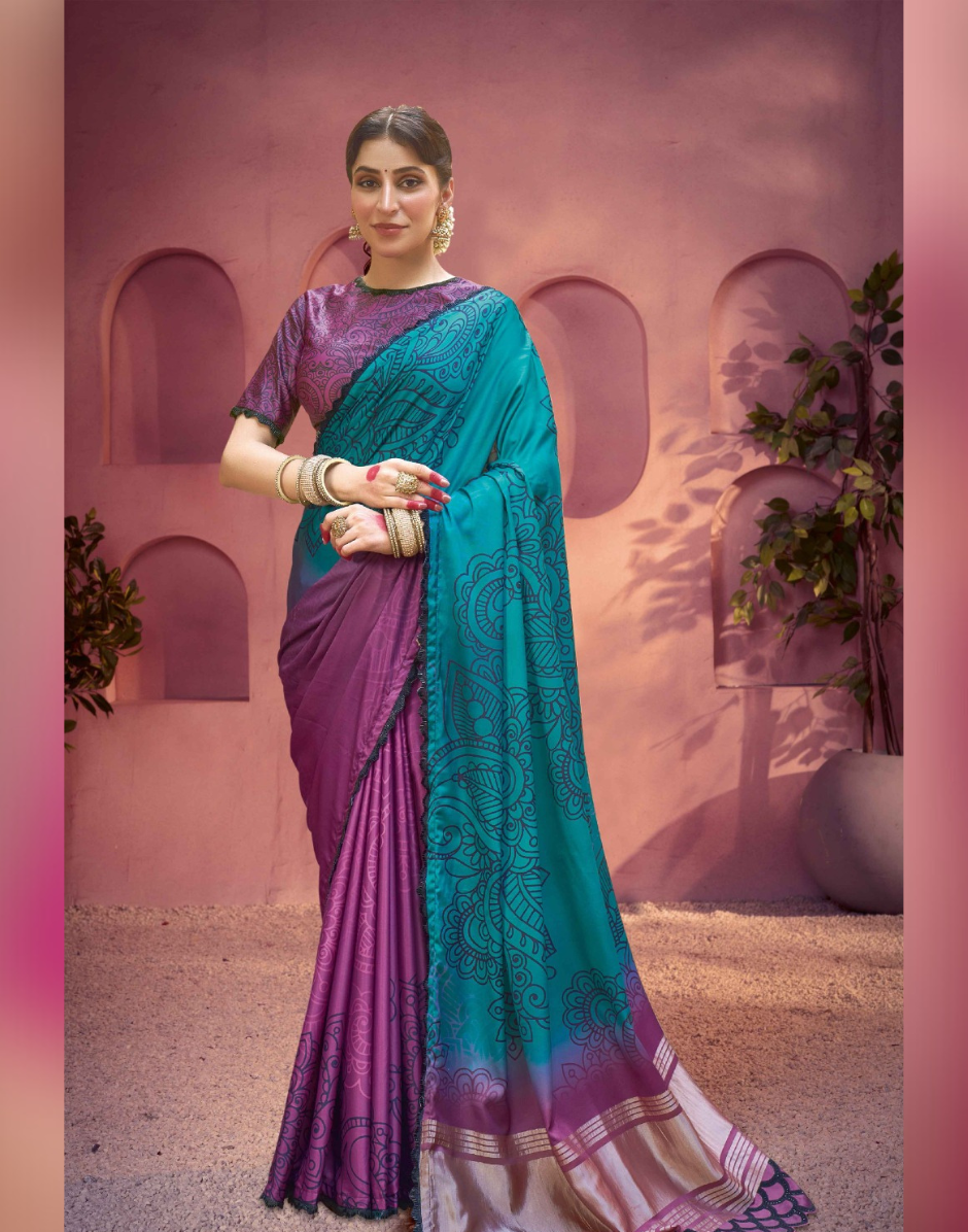 Royal Purple Gajji Satin Silk Saree with Hand Embellished Work & Classic Traditional Prints - Buy