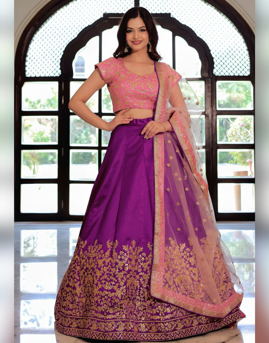 Royal Purple Lehenga Set in Silk with Gold Work Pink Embroidered Blouse & Dupatta - Buy
