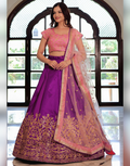 Royal Purple Lehenga Set in Silk with Gold Work Pink Embroidered Blouse & Dupatta - Buy_1
