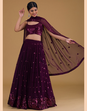Royal Radiance Purple Georgette Lehenga with Sequins & Thread Embroidery Blouse & Dupatta Set