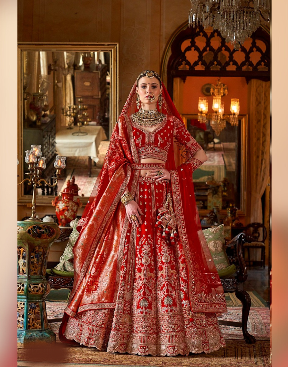 Royal Red Bridal Silk Lehenga with Zari, Sequin, Pearl & Thread Embroidery Includes Blouse & Dual Dupatta Set - Buy
