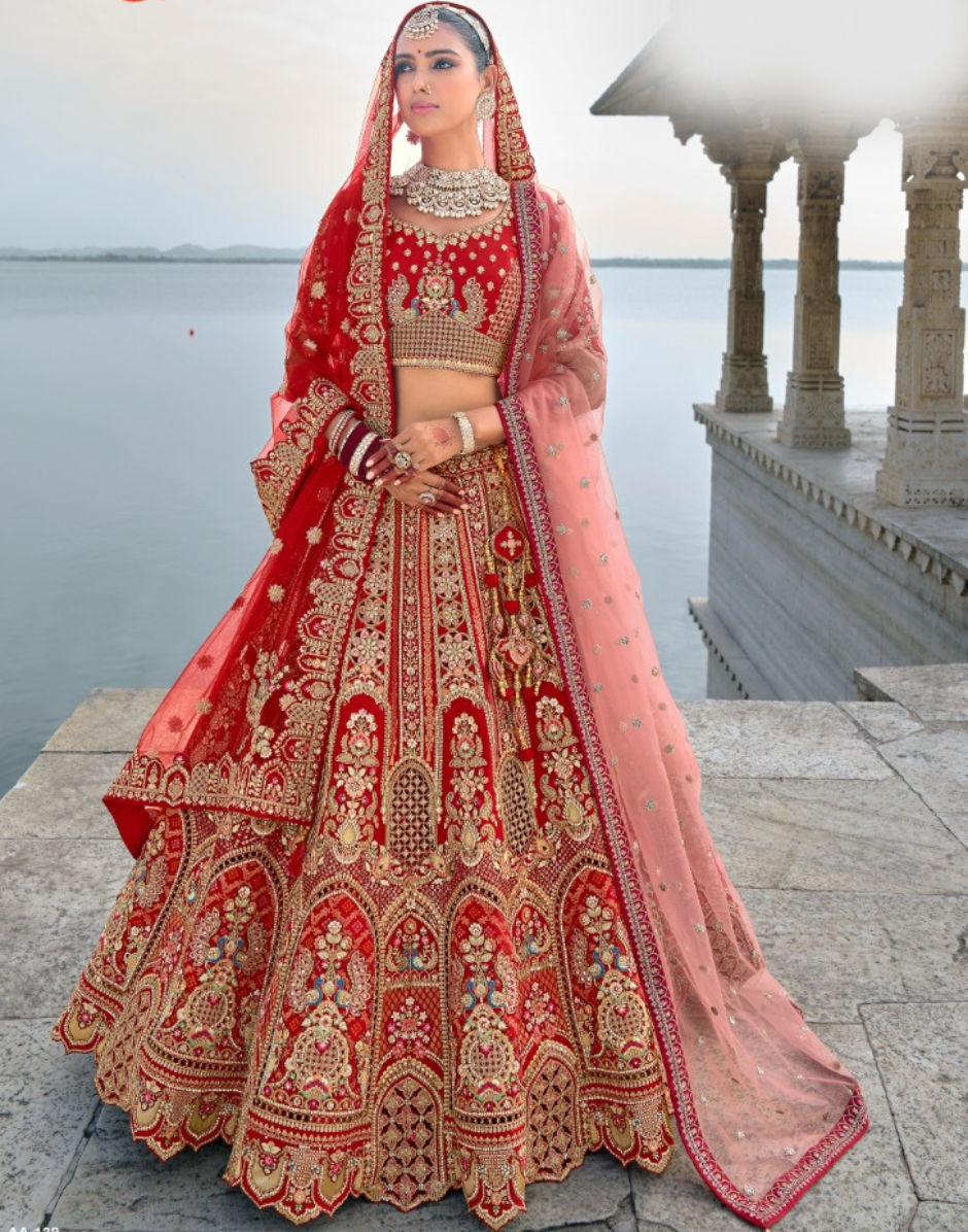 Royal Red Heavy Bridal Silk Lehenga with Stunning Khatli Embroidery - Buy