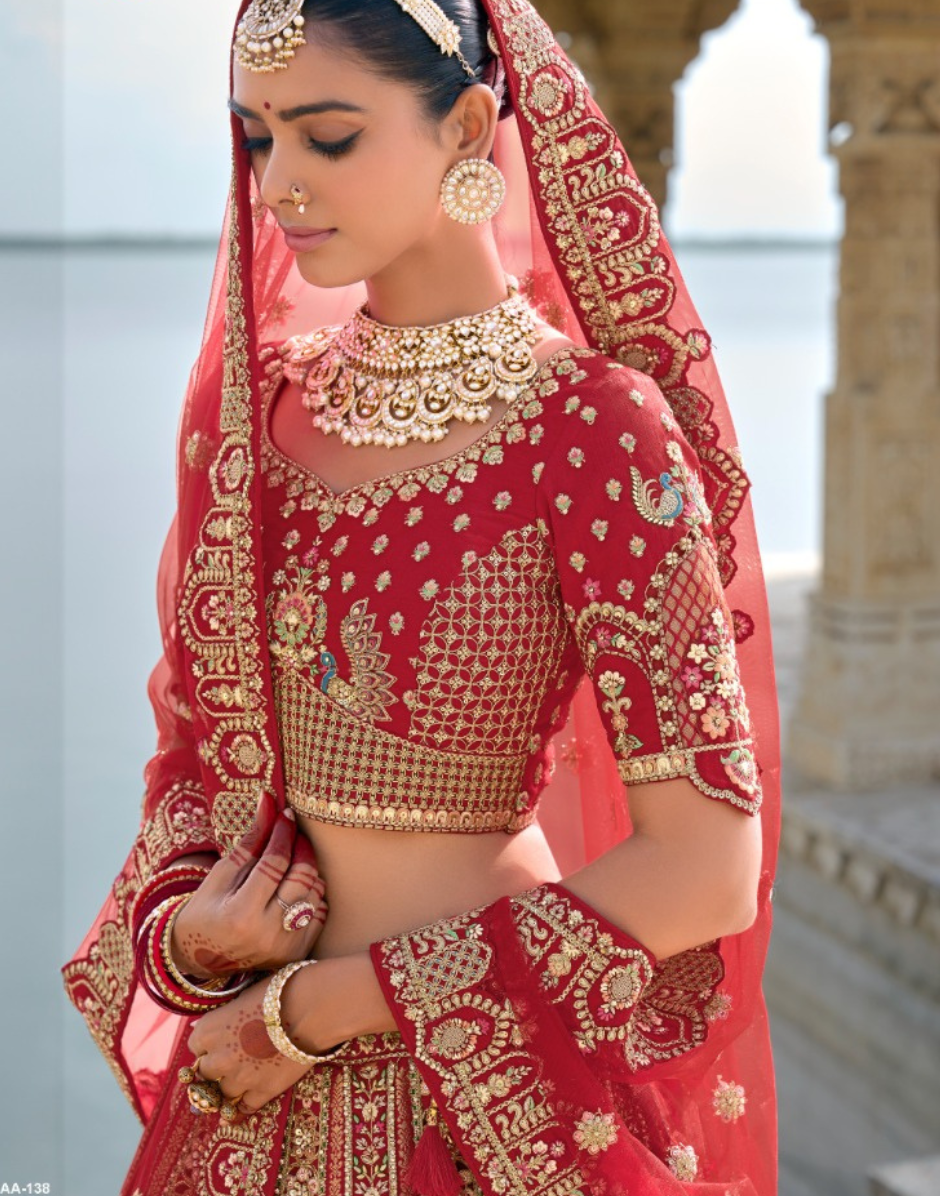 Royal Red Heavy Bridal Silk Lehenga with Stunning Khatli Embroidery - Buy_1